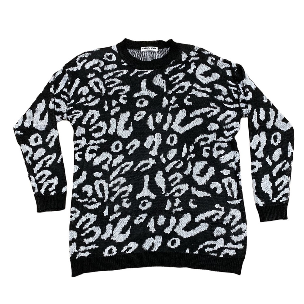 Ecowish Oversized Crewneck Sweater Women’s M Black White Leopard Long Sleeve Top
